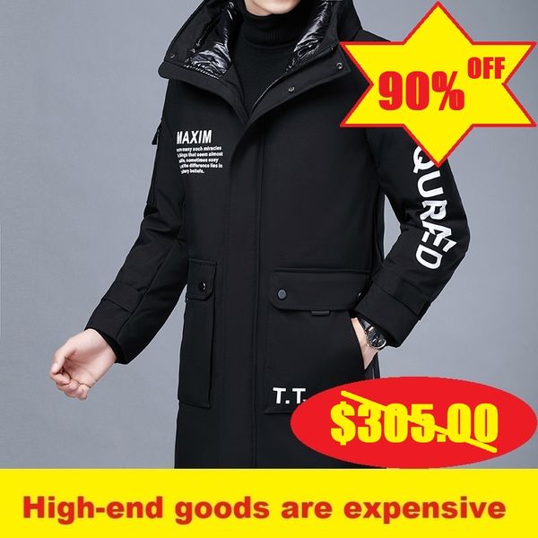 

2020 winter men's white duck down warm down jacket men's clothing handsome and fashionable mid-length men's hooded jacket, Black