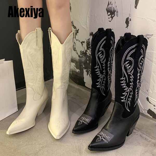 

women cowboy boots pointed toe women's shoes embossing pu leather shoes knee-high boots chunky wedges shoes u694 201125, Black