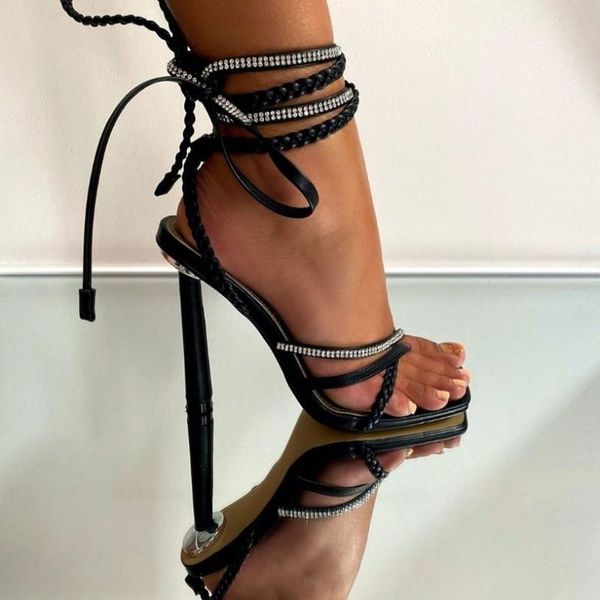 

sandals summer fashion gladiator women high heels pumps thong sandal braided cross-strap rhinestone shoes, Black
