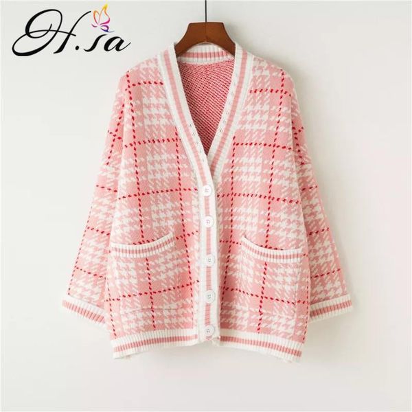

h.sa women sweater cardigans 2018 spring new knit jackets loose oversized plaid jumper coat v neck loose poncho cardigans femme1, White