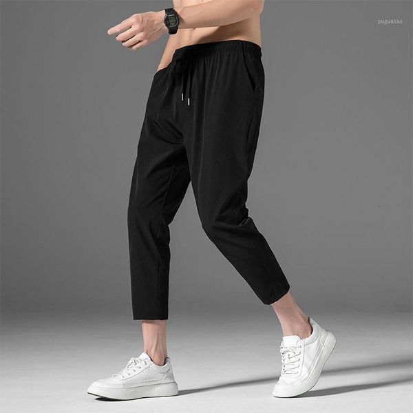 

spring summer men ice silk slim fit straight casual thin trouser male streetwear ankle-length loose simple fashion pants l891, Black