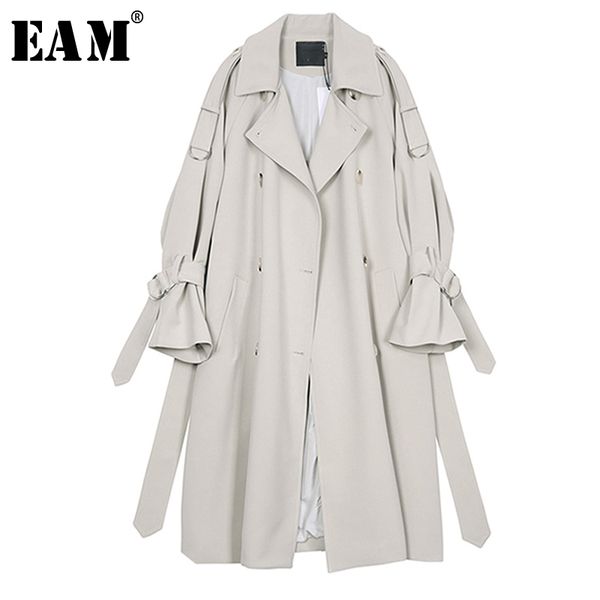 

[eam] new spring autumn lapel long sleeve gray waist bandage big size long windbreaker women trench fashion tide jr677 201028, Tan;black