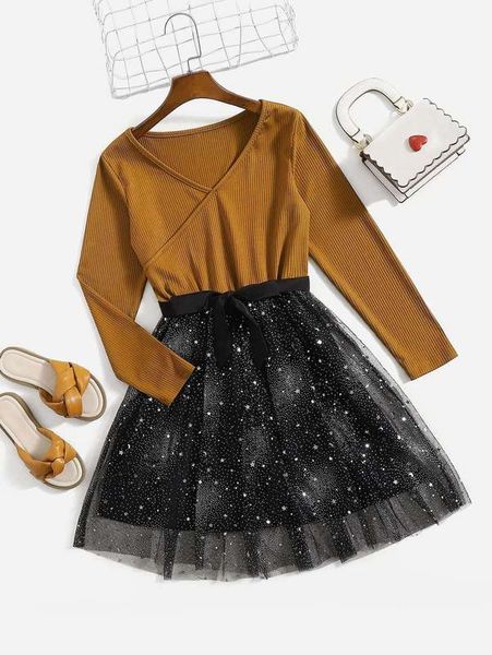 

girls surplice neck mesh hem belted dress she, Red;yellow