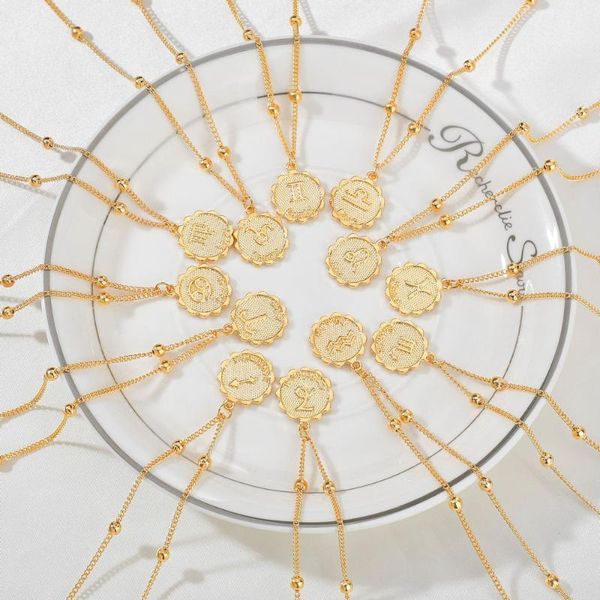 

qiming 12 zodiac constellation carve coin pendant necklace simple copper leo beads clavicle chain necklace couple jewelry1, Silver