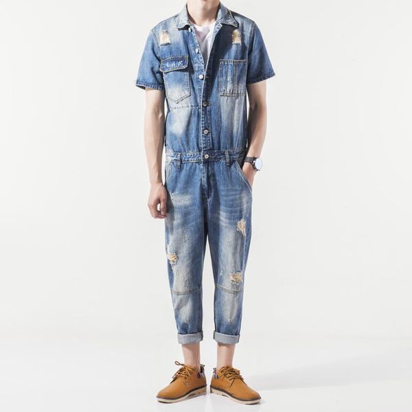 

new 2020 men personality hole denim ankle length trousers set personalized vintage jumpsuit overalls -3xl1, Blue