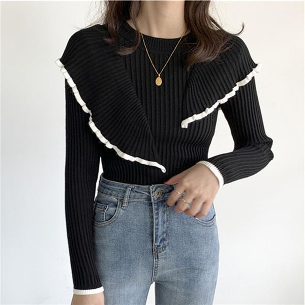 

women's sweaters casual basic bottoming knit sweater 2021 korean style flounced stitching pullover slim warm thick knitted 1, White;black