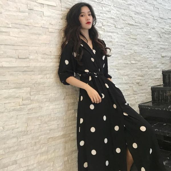 

superaen summer womens dress korean style fashion v neck ladies long dress casual half sleeve dot dress female 100% cotton new 2021, Black;gray