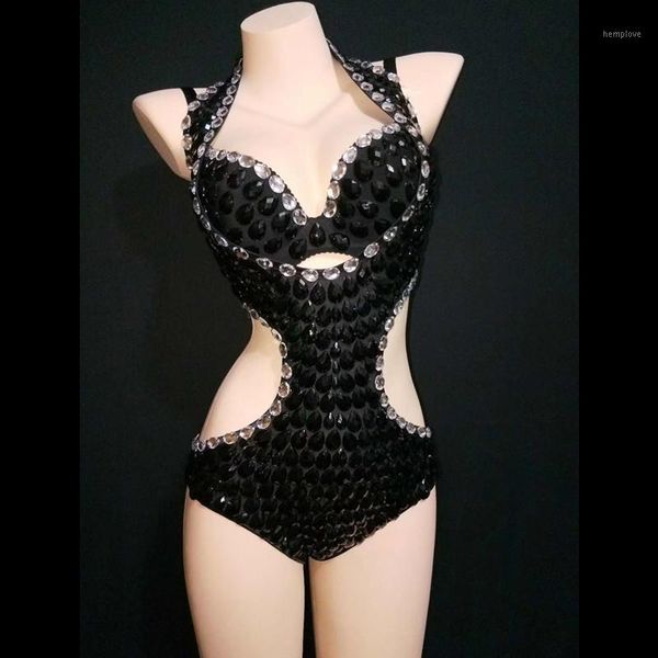 

unique women's rhinestone bra with hollow out halter bodysuits pool party female fashion slim clothes women pole dance wear1, Black;white