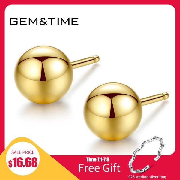 

stud gem&time luxury 18k gold solid ball bead earrings for women real yellow jewelry pendientes mujer moda1, Golden;silver