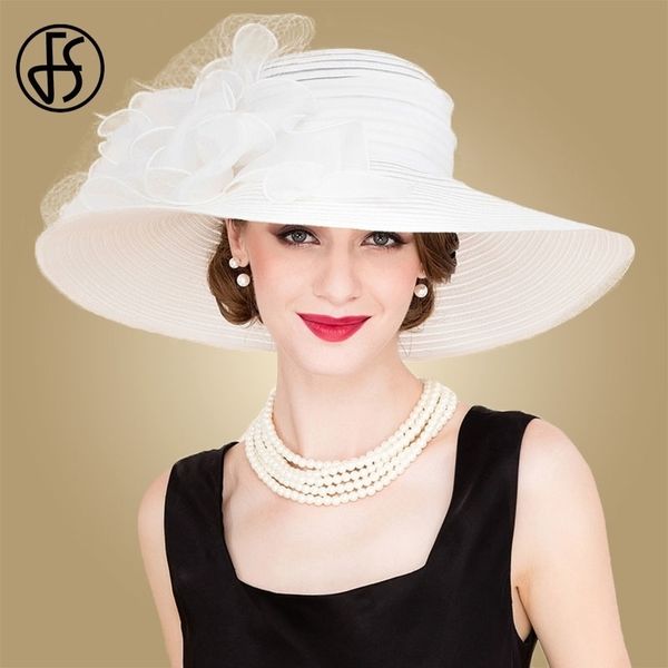 FS nero bianco elegante donna cappelli da chiesa per le signore fiori estivi cappello a tesa larga in organza spiaggia sole Kentucky Derby cappello Fedora T200602