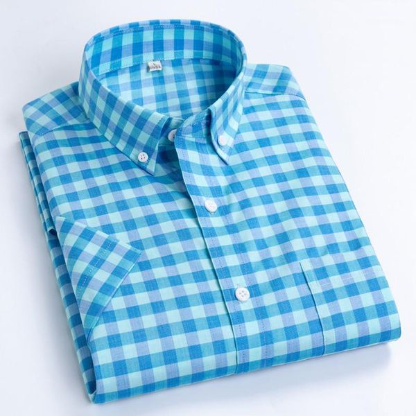 

men's casual shirts men's thin cotton plaid checkered short sleeve shirt single patch pocket button-collar holiday youthful gingha, White;black