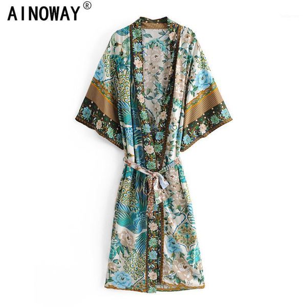 

boho peacock print bat sleeve women beach bohemian kimono robe ladies v neck cover-up happie dress vestidos1, Black;gray