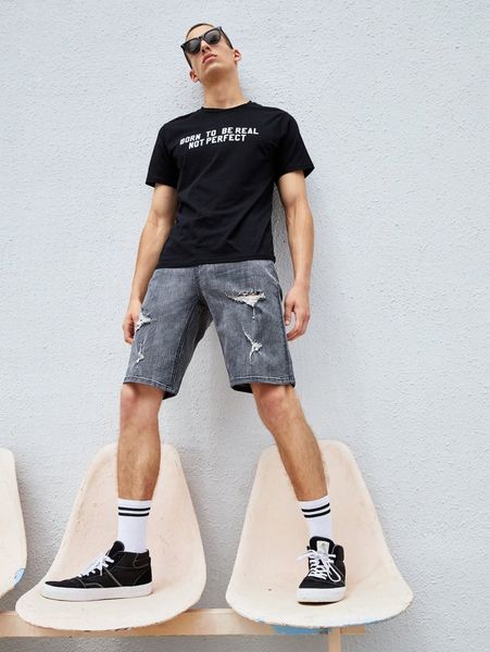 

men ripped straight leg denim shorts 51uy#, Blue