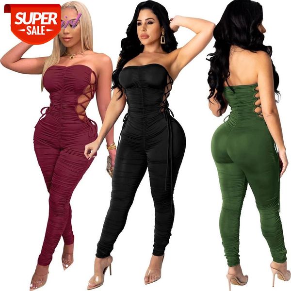 

solid strapless lace up hollow out stacked ruched skinny jumpsuit women backless bandage night party rompers outfit overall #nu5z, Black;white