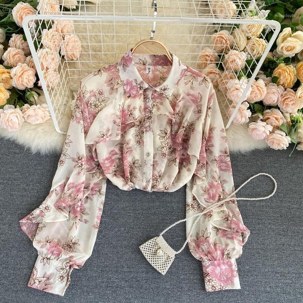 

women's chiffon blouse autumn vintage floral ruffles shirt elegant long sleeve single breasted flower print female 2020 new1, White