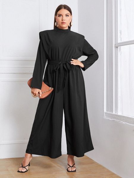 

plus self tie wide leg jumpsuit z3g8#, Black
