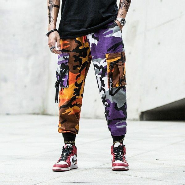

men fashion ribbons hip hop camo cargo pants harem joggers harajuku sweatpant trousers male casual clothing, Black