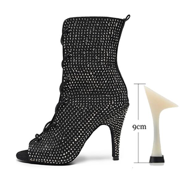 

2021 new rhinestione latin boots woman lace up ballroom laino dance for girls high heel salsa dancing shoes 9x8p, Black