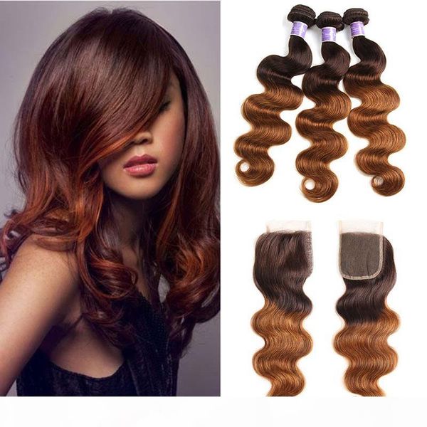 

brazilian body wave ombre human hair bundles with closure 4 30# blonde brazilian virgin wavy hair weave extensions with lace closure, Black;brown