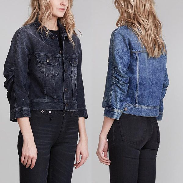 

2021 spring new fashion classic trendy brand luxry design cotton shoulder drop breasted coat easy pleated short denim jacket, Black;brown