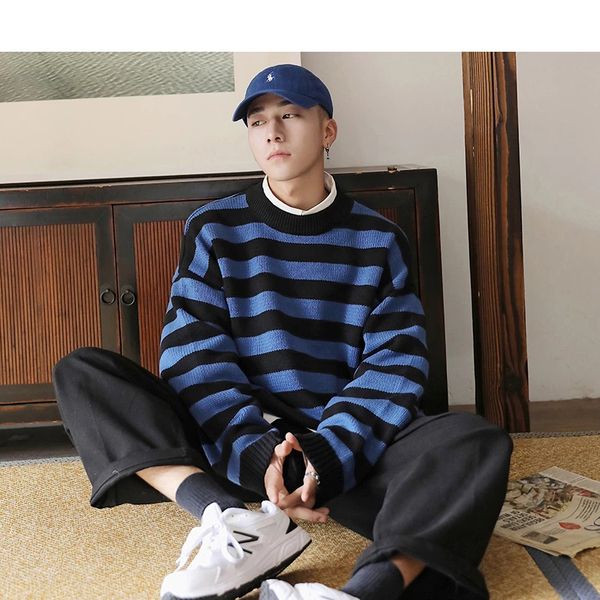

pullover men korean fashions striped sweater 2021 winter harajuku streetwear sweater male hip hop oversize clothing, White;black
