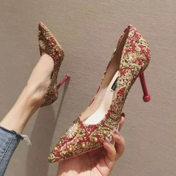 

2019 new arrival rose flower pearl female wedding shoes stiletto high heel 5-9cm bridal shoes princess pumps queen women #rx4c, Black