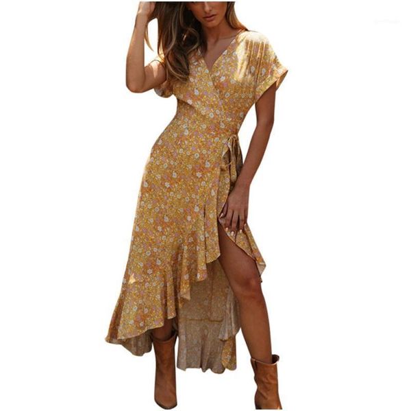 

cover-ups sagace dress women summer boho floral print short sleeve v neckruffle splite tie up beach long cover up1
