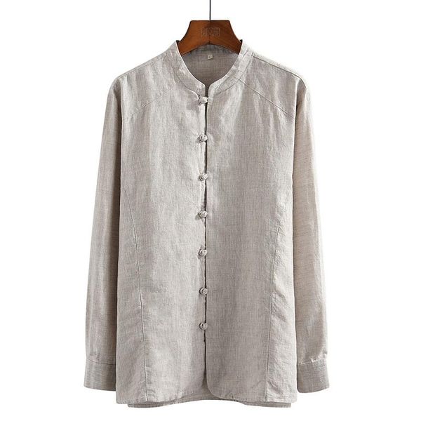 

2020 men's long sleeve shirts 100%pure linen summer casual white shirts man stand collar shirt male blouse y2641, White;black