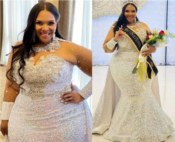 Vestido de festa de noite plus size ilusão manga comprida sereia lantejoulas brilhantes frisado trompete africano vestido de festa de formatura robe de bal blanche