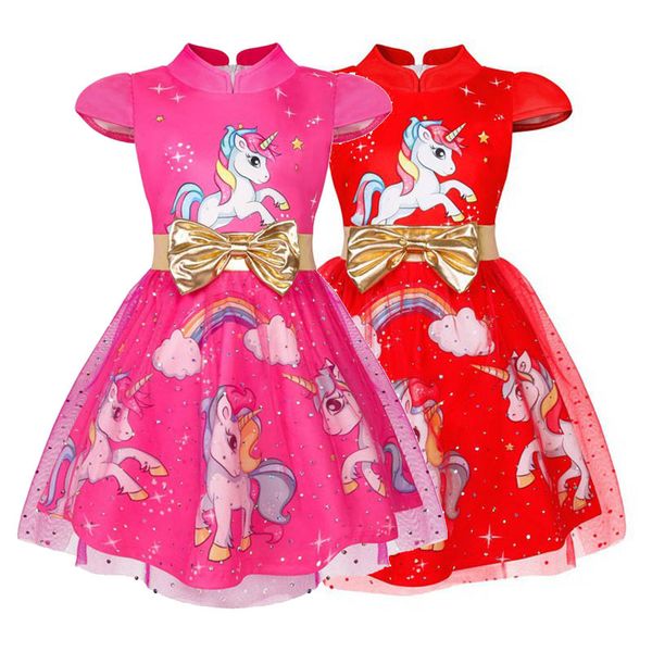 

girls dress unicorn princess dress girl short sleeve tutu princess dress children new year clothing, Red;yellow