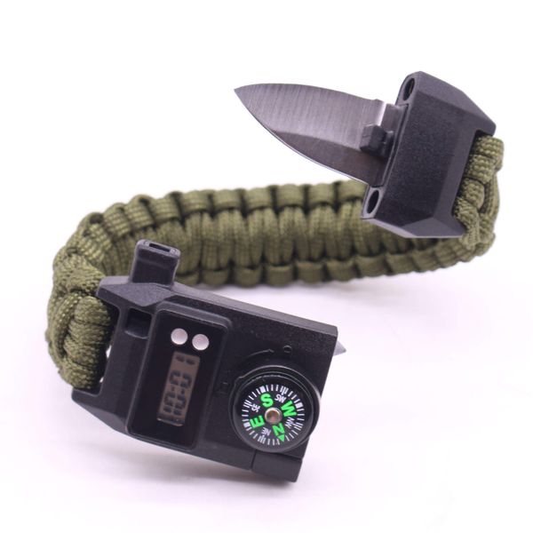 

ood quality emergency paracord survival bracelet parachute no flint outdoor scraper whistle buckle for hiking and camping rope, Golden;silver