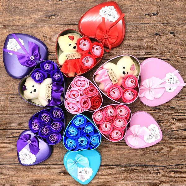 

party favor 3pcs rose soap flower bear heart shaped tin box for boy/girl friend valentines day wedding gift guests favors presents