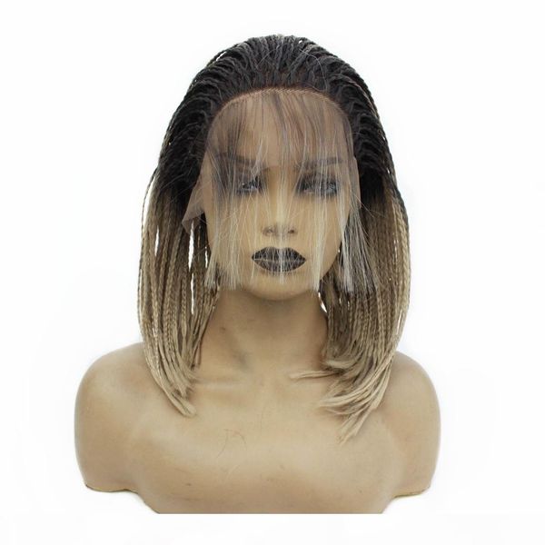 

box braid wig blonde color glueless short bob cut heat resistant synthetic lace front african american braided wigs with baby hair, Black