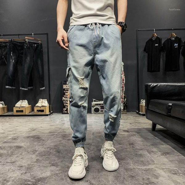 

men's jeans cotton men pants lace up denim trousers black skinny slim hip hop sportswear elastic waist male trousers1, Blue