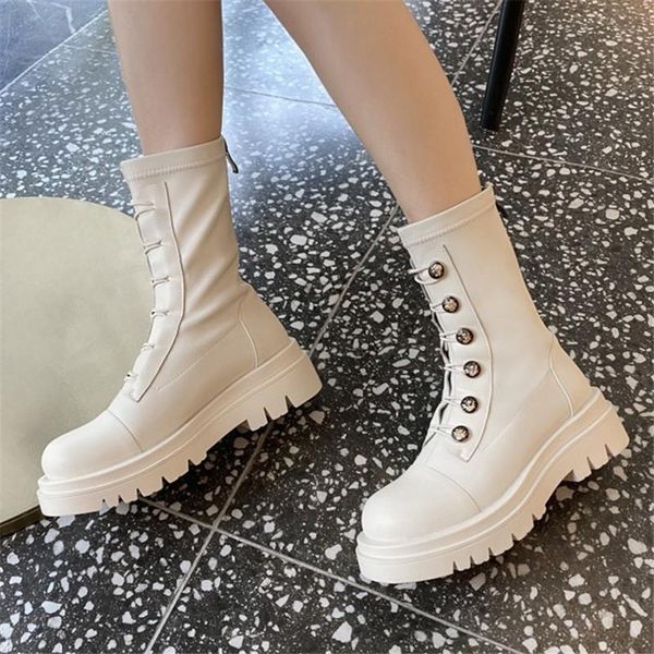 

boots pxelena punk goth button winter snow shoes women chunky block med heels platform combat motorcycle ankle plus size 34-43, Black
