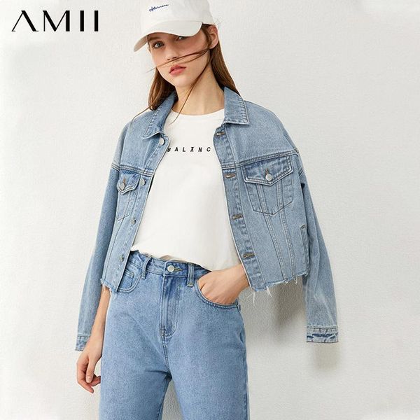 

amii minimalism autumn womens denim jackets fashion lapel single-breasted loose jean jacket female coat 12040793, Black;brown