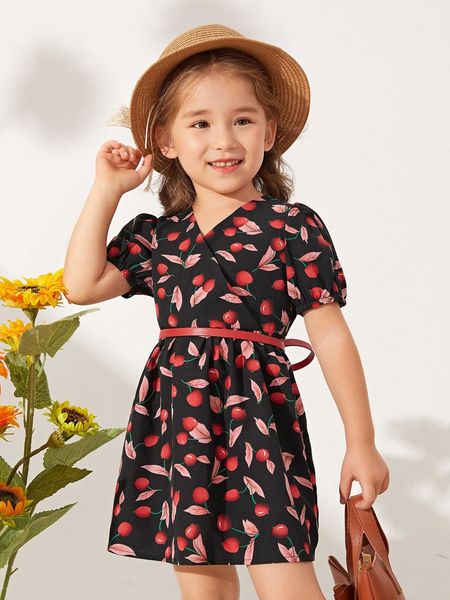 

toddler girls cherry print puff sleeve dress without belt she, Red;yellow