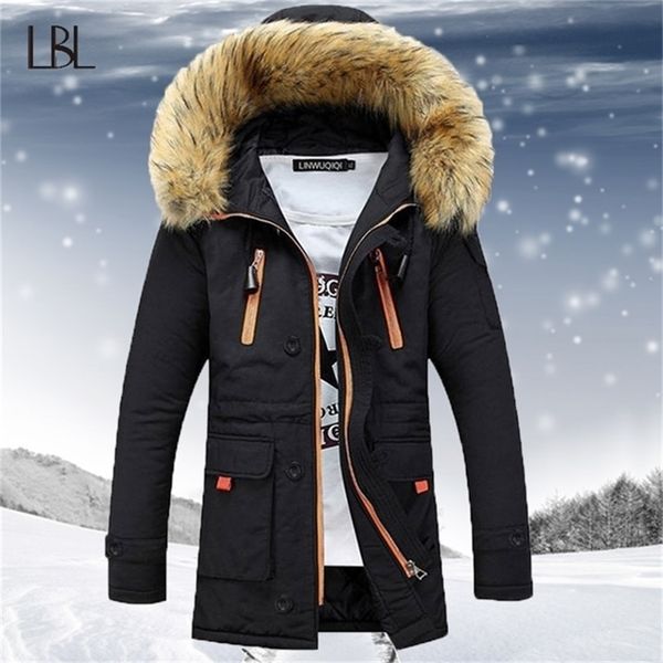 

thicken men's winter faux fur collar long thick parkas jacket men outwear hooded windbreaker male outdoor -30 degree snow jacket 201218, Black
