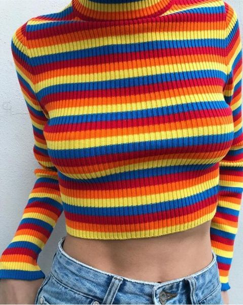 

winter women turtleneck fashion rainbow knitted pullovers sweater 201130, White;black