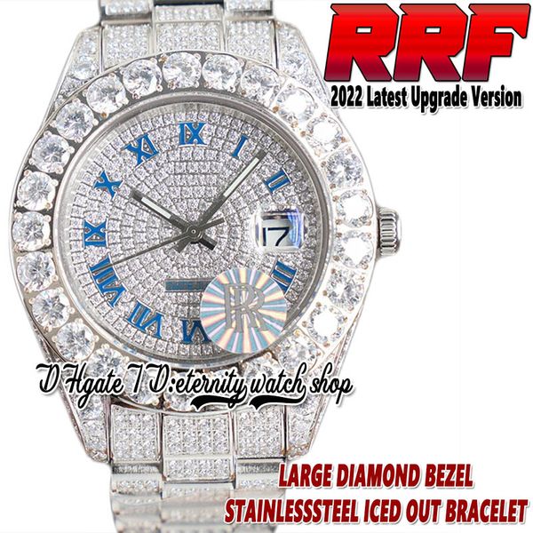 

2022 rrf 126334 126234 automatic mechanical mens watch 116234 paved diamonds roman dial large diamond bezel fully iced out diamonds steel br, Slivery;brown