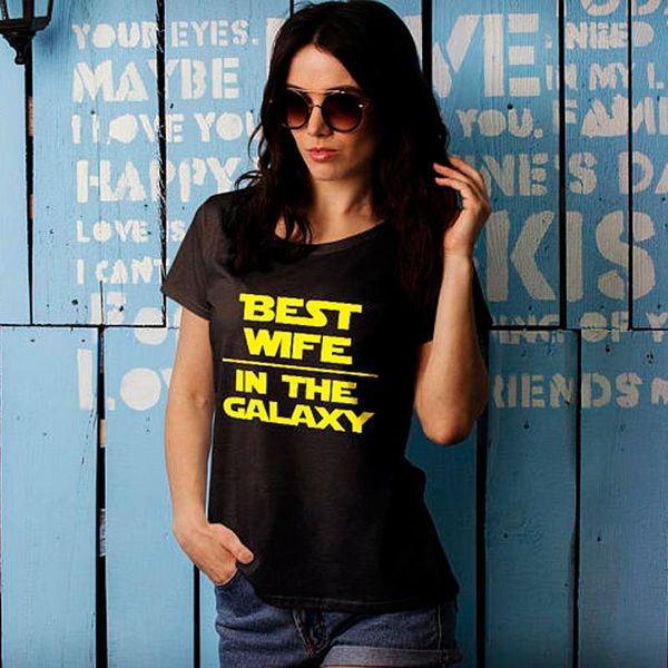 

wife in the galaxy fashion black t-shirt yellow letters printed tumblr shirts women t shirts graphic tee, White