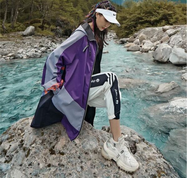 

women's trench coats autumn women coat purple patchwork loose long hooded zippers oversize female outwear streetwear, Tan;black