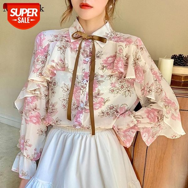 

2021 autumn pritnted floral women blouse ruffles chiffon shirts women long sleeve womens blouses lady blusas mujer 10449 #e83o, White