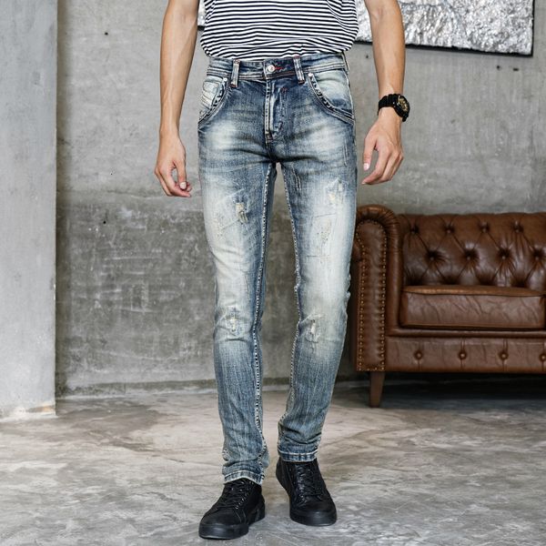 

2021 new italian style fashion men jeans slim fit ripped denim pants hombre retro wash vintage designer casual long trousers dz, Blue