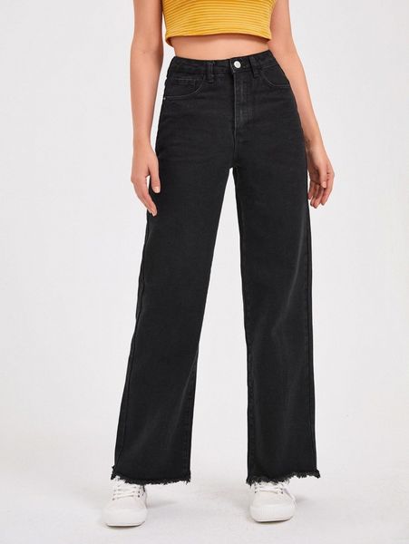 

high waist raw hem straight jeans 51su#, Blue