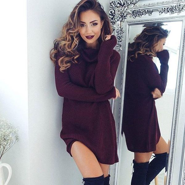 

fashion winter autumn womens casual long sleeve jumper turtleneck sweaters dress, White;black