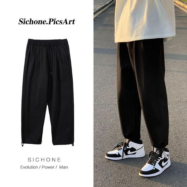

winter thick woolen pants men's warm fashion drawstring casual pants men streetear loose korean style straight harem mens, Black