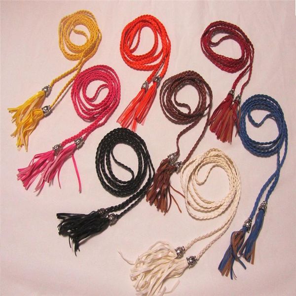 

new arrival pu leather tassel fashion ladies braided belt self-tie thin waist rope belt for women clothes accessories 9 colors, Black;brown
