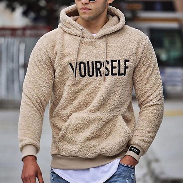 

men's hoodies & sweatshirts autumn and winter warm menÂ´s wool hooded letter print pullover kangaroo pocket fleece, Black
