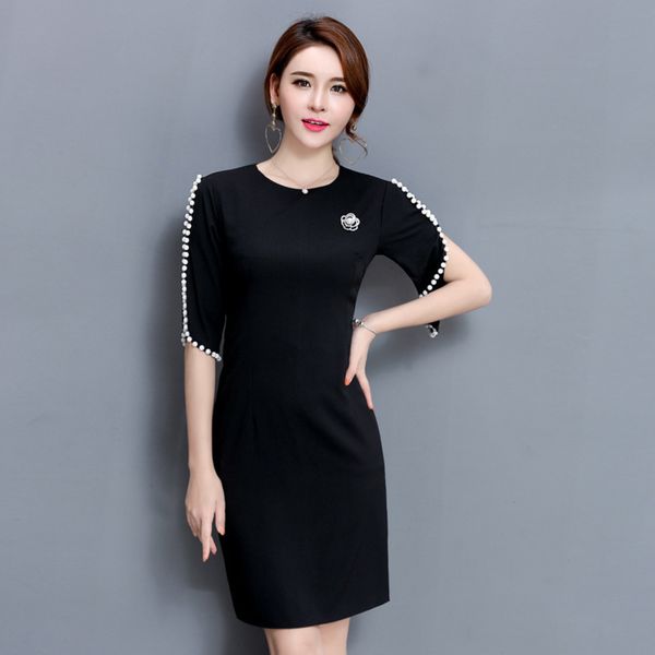 

with korean ol dress summer new pin beads in the middle sleeve showing thin and large size buttock skirt sending corsage, Black;gray